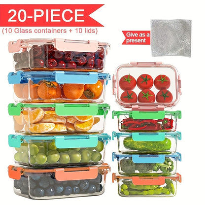 Glass Food Storage Containers 20-Piece Set 10 Containers + 10 Airtight Lids Stackable Meal Prep Containers, Oven Microwave Refrigerator & Dishwasher Safe – Space-Saving Kitchen Organization