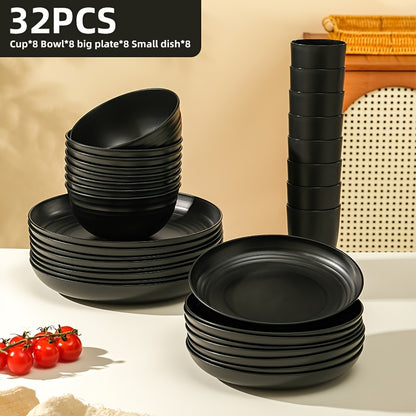 Wheat Straw Dinnerware Set 16/32 Piece, Unbreakable Plastic Plates Bowls Cups for Camping Outdoor Picnic, BPA-Free Lightweight Tableware for 4/8 People, Dishwasher Safe Kitchen Dining Set Black Colorful