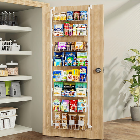 Over The Door Organizer, Heavy-Duty Metal Pantry Rack with 6 or 8 Shelves – Space-Saving Multi-Level Storage for Kitchen, Bathroom & Laundry Room, Spice Rack & Cabinet Door Hanging Shelf, Black or White