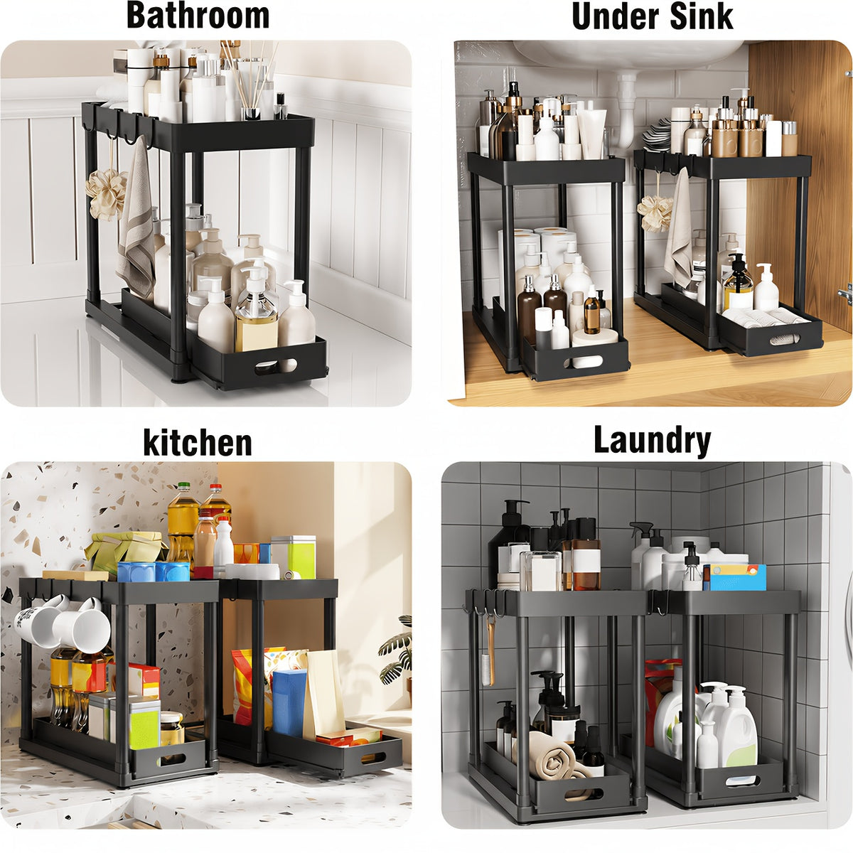 Under Sink Organizer 2 Pack – Double Tier Sliding Storage Basket with 8 Hooks, Adjustable Cabinet Organizer for Kitchen Bathroom Under Sink Storage, Moonlight White Matt Black Light Gray