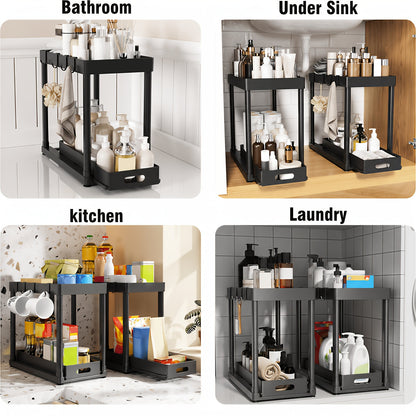 Under Sink Organizer 2 Pack – Double Tier Sliding Storage Basket with 8 Hooks, Adjustable Cabinet Organizer for Kitchen Bathroom Under Sink Storage, Moonlight White Matt Black Light Gray