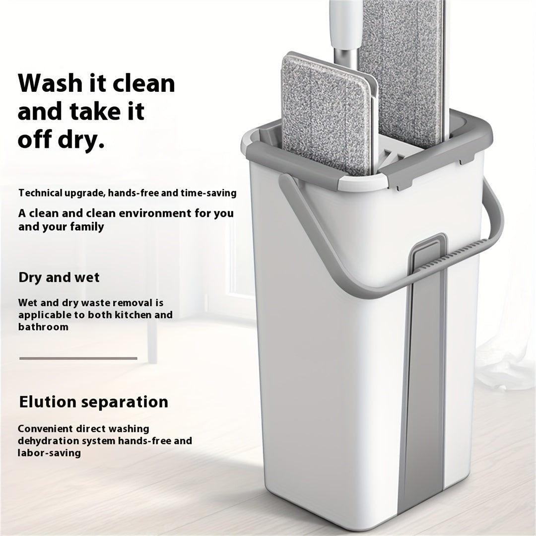 Hands-Free Flat Mop and Bucket Set with Wringer – 360° Swivel Long Handle, 2 Reusable Microfiber Pads, Spin Squeeze System for Hardwood Tile Laminate Floor & Wall Cleaning