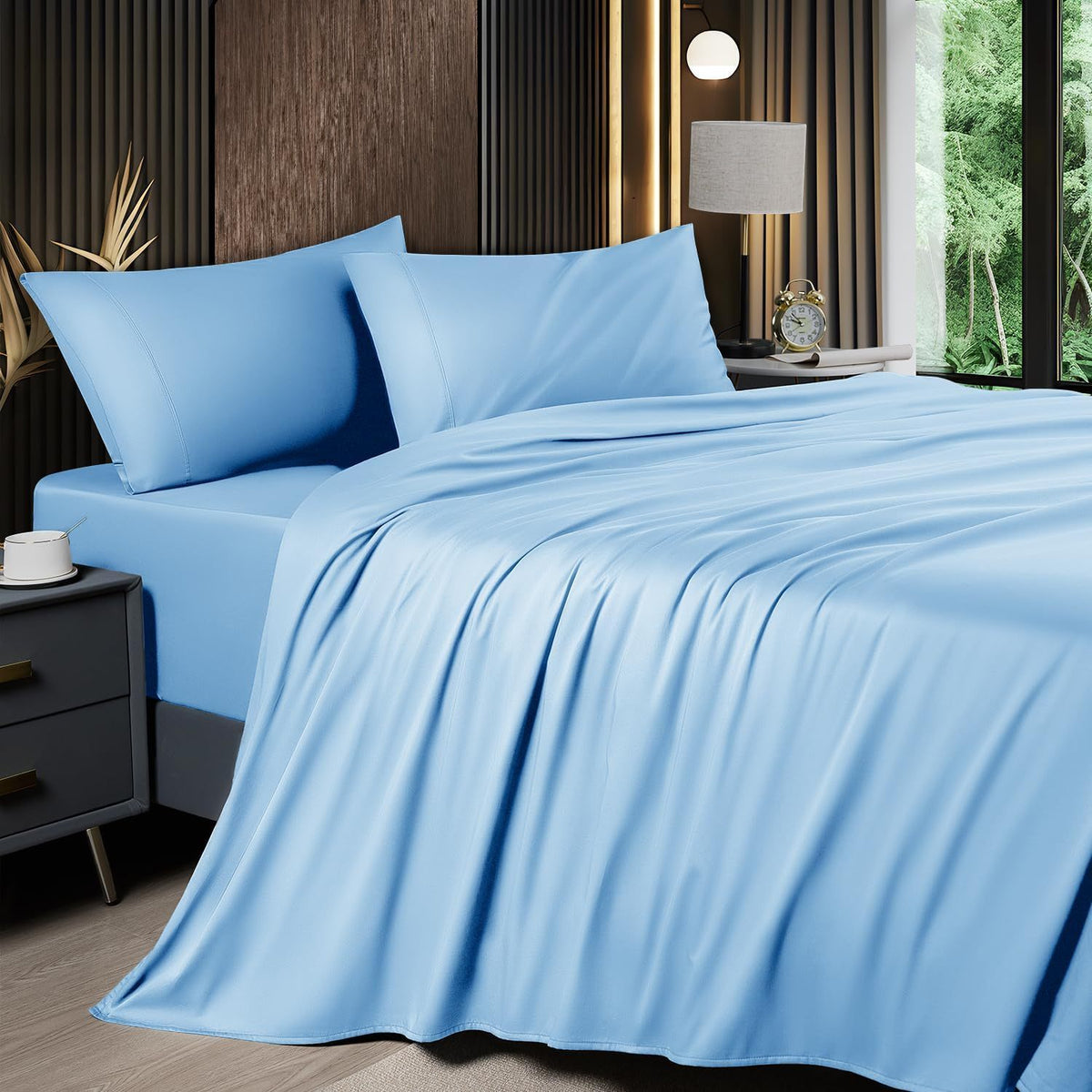 Cooling Bamboo Bed Sheet Set 4-Piece 2200TC – 16" Deep Pocket Silky Soft Breathable Luxury Bedding Flat Sheet Fitted Sheet & Pillowcases Twin Full Queen King in 11 Colors