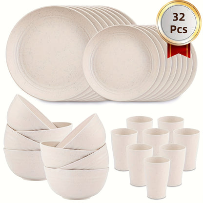 Wheat Straw Dish Set for 4 or 8 – 16 or 32 Piece Unbreakable Dinnerware Set with Dinner Plate, Dessert Plate, Cereal Bowl & Cup, Dishwasher Safe Lightweight Tableware for Camping, Everyday Use & Gifts