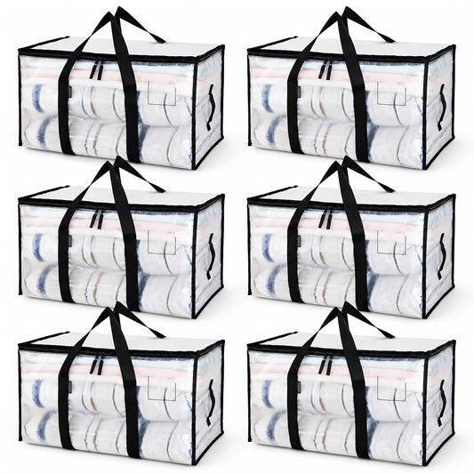 6pcs Heavy Duty Moving Bags with Reinforced Handles – Oversized Plastic Storage Totes with Snap-Close Lid for Clothes Quilts Moving Supplies Space Saver