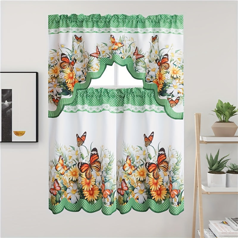 Butterfly Kitchen Curtains 3 Piece Set Floral Sheer Cafe Curtains for Kitchen, Bathroom, Living Room & Bedroom – Lightweight Polyester, 4 Colors, 58x36" + 36x29" Panels