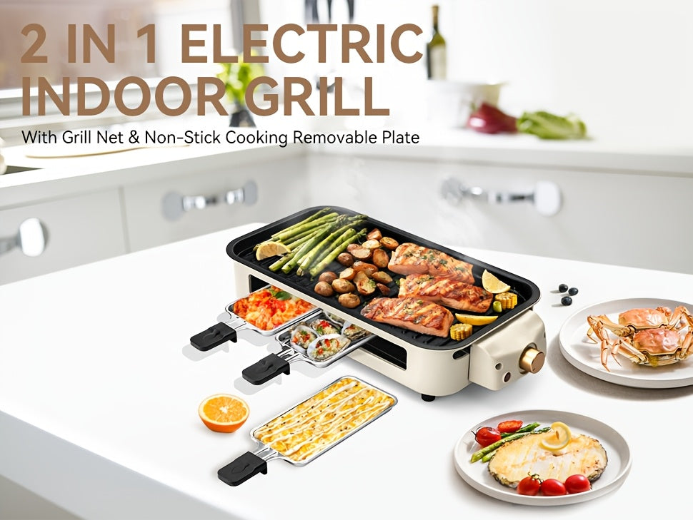 Raclette Grill Set Indoor Electric 1700W Smokeless BBQ with 3 Mini Cheese Pans – Non-Stick Removable Plate 16x9" Dishwasher Safe Stainless Steel Tabletop Grill for Couples Family Party – Black Green Beige Red