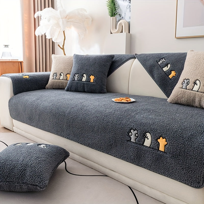 Sofa Cover Plush Shearling Non-Slip Pet-Friendly – Thick Couch Protector with Animal Bone Embroidery for 2 3 4 Seater, Soft Warm Slipcover for Living Room Bedroom Office in Dark Gray Off White Coffee Black