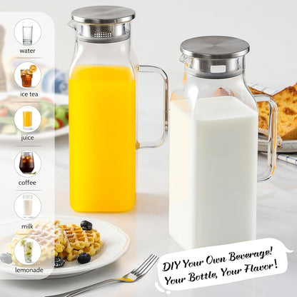 Glass Pitcher with Lid & Handle 68oz – Borosilicate Water Jug for Fridge, Iced Tea, Coffee Carafe & Cold Drinks, Heat Resistant, 304 Stainless Steel Lid, 1 or 2 Pack