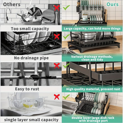 2 Tier Dish Drying Rack with Drainboard – Metal Kitchen Counter Dish Drainer Rack with Drain Tray, Large Capacity Drying Rack for Dishes Cups Utensils, Black White Gray