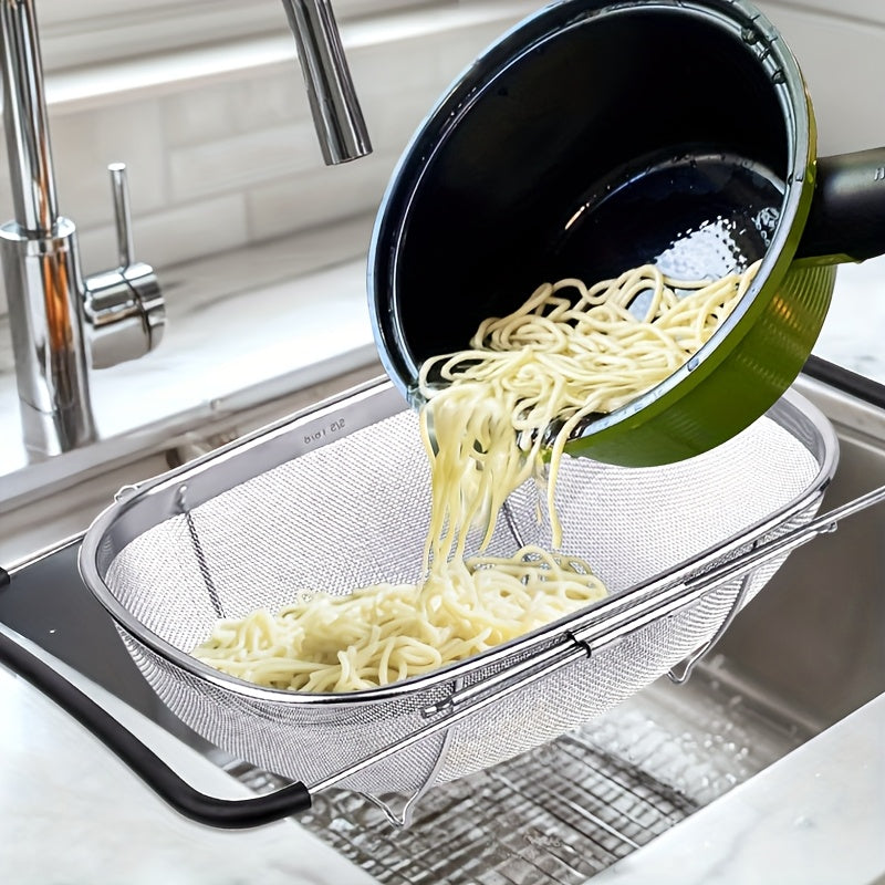 Expandable Stainless Steel Colander Basket - Fine Mesh Strainer with Drain Basket for Washing Vegetables Fruits Pasta, Adjustable Kitchen Sink Strainer, Small & Large Available
