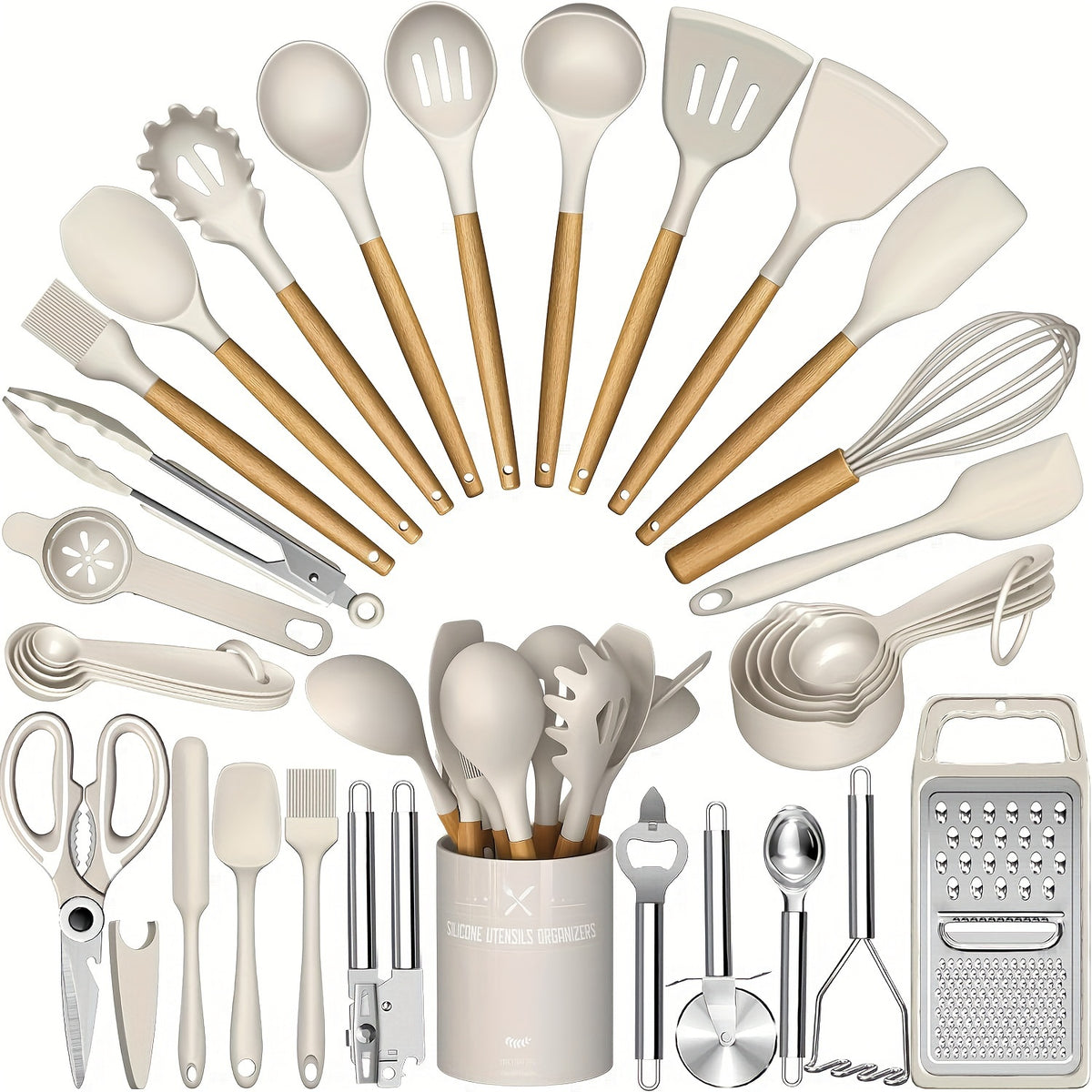Silicone Kitchen Utensils Set 34 Piece with Holder Heat Resistant Wooden Handle Spatula Set for Nonstick Cookware – Kitchen Gadgets Cooking Tools Set Black White Gray Khaki