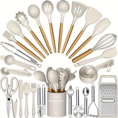 Silicone Kitchen Utensils Set 34 Piece with Holder Heat Resistant Wooden Handle Spatula Set for Nonstick Cookware – Kitchen Gadgets Cooking Tools Set Black White Gray Khaki