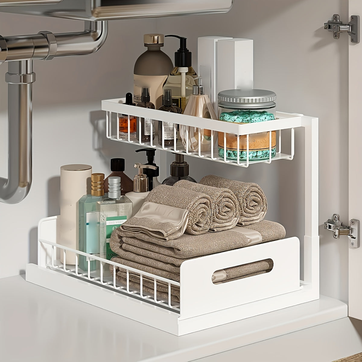 Under Sink Organizer Pull Out 2-Tier – Slide Out Cabinet Shelf for Kitchen & Bathroom, Under Sink Storage with Adjustable Shelves, Black White Grey, 1 or 2 Pack