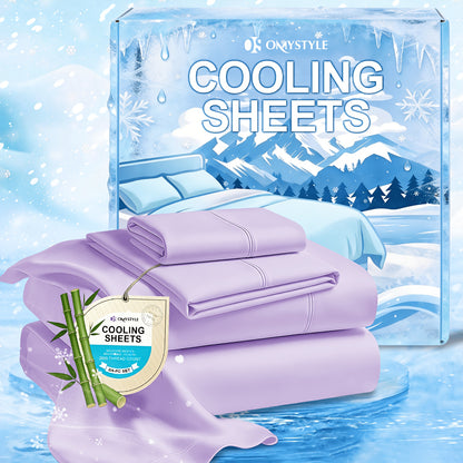 Ice-Cooling Bamboo Sheets Set Deep Pocket - Ultra Soft Breathable Skin-Friendly Fitted Sheet Flat Sheet & Pillowcases, Wrinkle-Free, All Season, Kids & Hot Sleepers, Twin Full Queen King