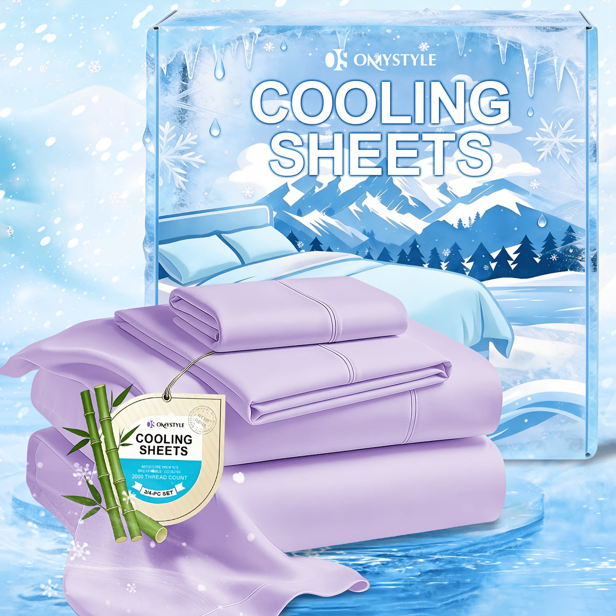 Ice-Cooling Bamboo Sheets Set Deep Pocket - Ultra Soft Breathable Skin-Friendly Fitted Sheet Flat Sheet & Pillowcases, Wrinkle-Free, All Season, Kids & Hot Sleepers, Twin Full Queen King