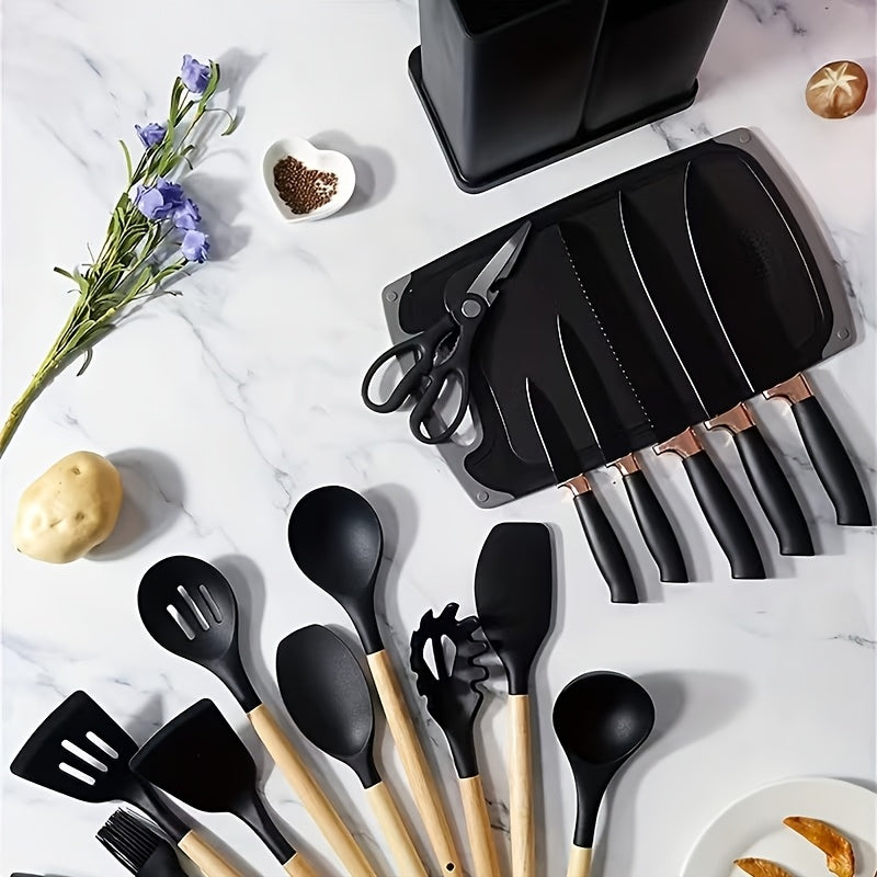 Silicone Cookware Set 19pcs Non-Stick with Bamboo Storage Containers & Knives – Heat-Resistant Pots Pans Utensils, Wooden Handle, Induction & Oven Safe, Kitchen Cooking Gift