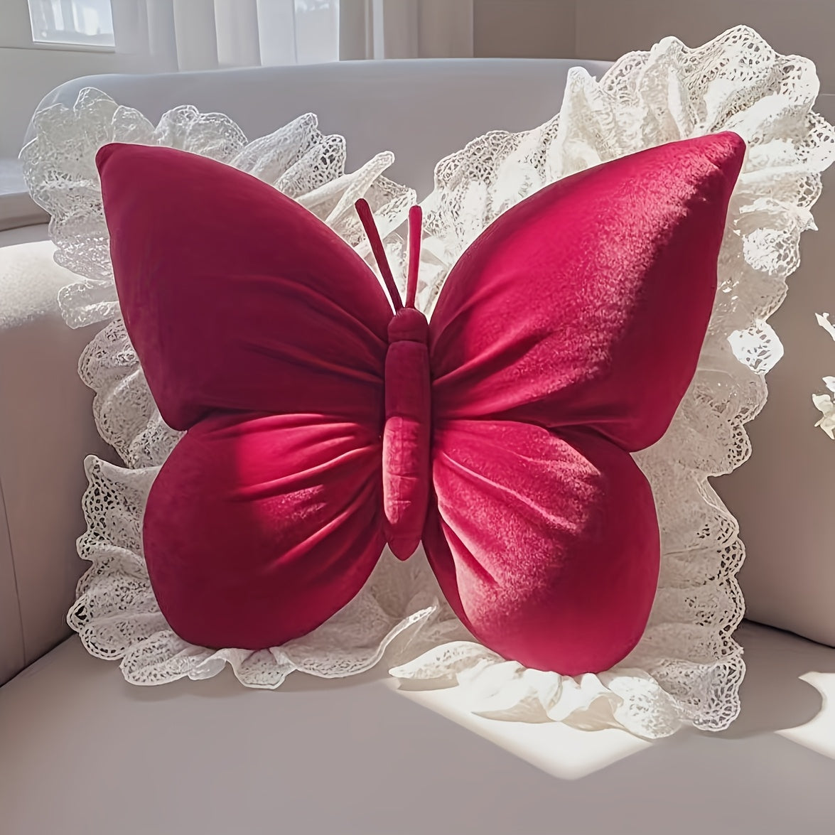 Butterfly Shaped Decorative Pillow with White Lace Trim – 3D Silhouette Velour Throw Cushion for Sofa, Bed & Home Decor, Machine Washable, 5 Colors, Perfect Gift for Women