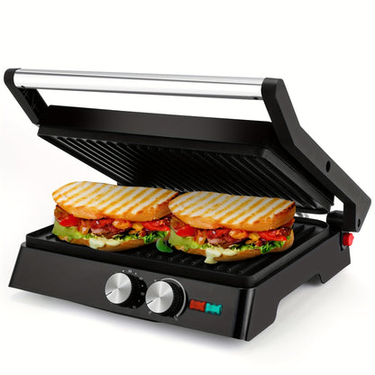 3-in-1 Electric Indoor Grill Panini Press Sandwich Maker with Non-Stick Cooking Plates, Opens 180 Degree Flat Grill, Floating Hinge Fits All Foods, Temperature Control & Grease Tray, Compact Kitchen Appliance