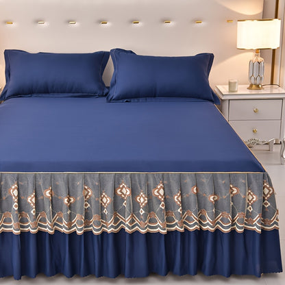 Macrame Bed Skirt Set 3 Piece with Pillowcases – Double Layer Lace Non-Slip Bedding for Twin Full Queen King, All Seasons, Red Grey Navy Purple