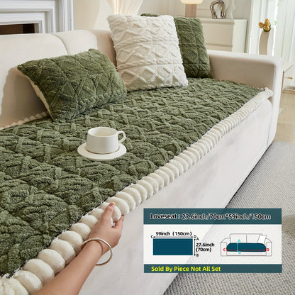 Bohemian Sofa Cover Quilted Plush with Ruffles – Machine Washable Couch Protector for Pets, Anti-Slip Furniture Cover for Armchair Loveseat 3 4 Seater Sofa