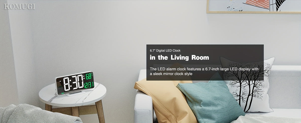 Digital Alarm Clock LED Mirror Display 6.7 Inch – Dual Alarm with Seconds Date Week 12/24H, Dimmable Bedside Desk Clock for Bedroom Living Room Office, Modern White Mirror Design