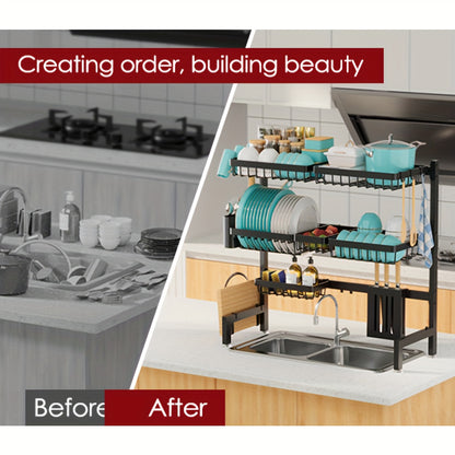 Over Sink Dish Drying Rack 3 Tier Adjustable Expandable - Stainless Steel Kitchen Organizer with Baskets, Utensil Holder, Knife & Cutting Board Holder - Space Saving Dish Drainer for Counter, Black