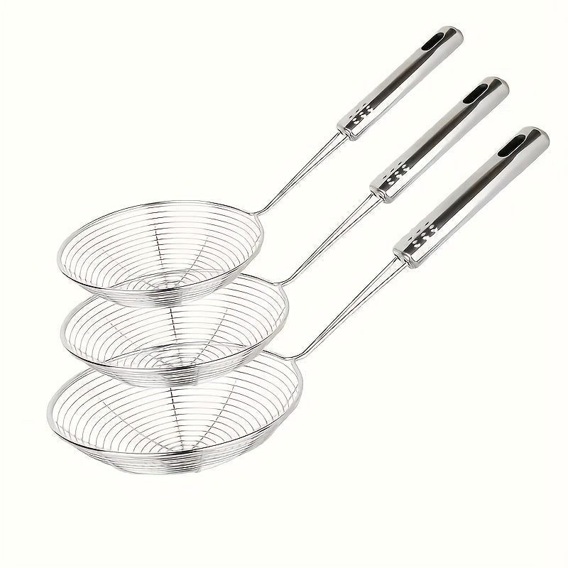 Stainless Steel Spider Strainer Set of 3 – Wire Mesh Skimmer with Long Handle for Frying, Pasta & Cooking, Food-Safe Metal Kitchen Strainer with Hanging Loop, 12", 12.6", 13.78"