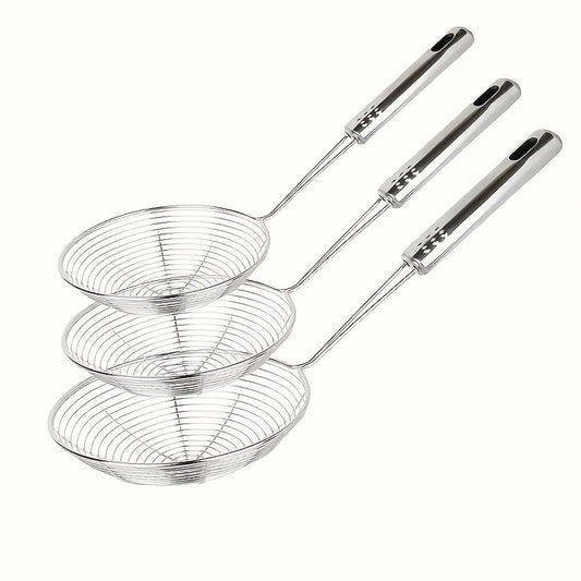 Stainless Steel Spider Strainer Set of 3 – Wire Mesh Skimmer with Long Handle for Frying, Pasta & Cooking, Food-Safe Metal Kitchen Strainer with Hanging Loop, 12", 12.6", 13.78"