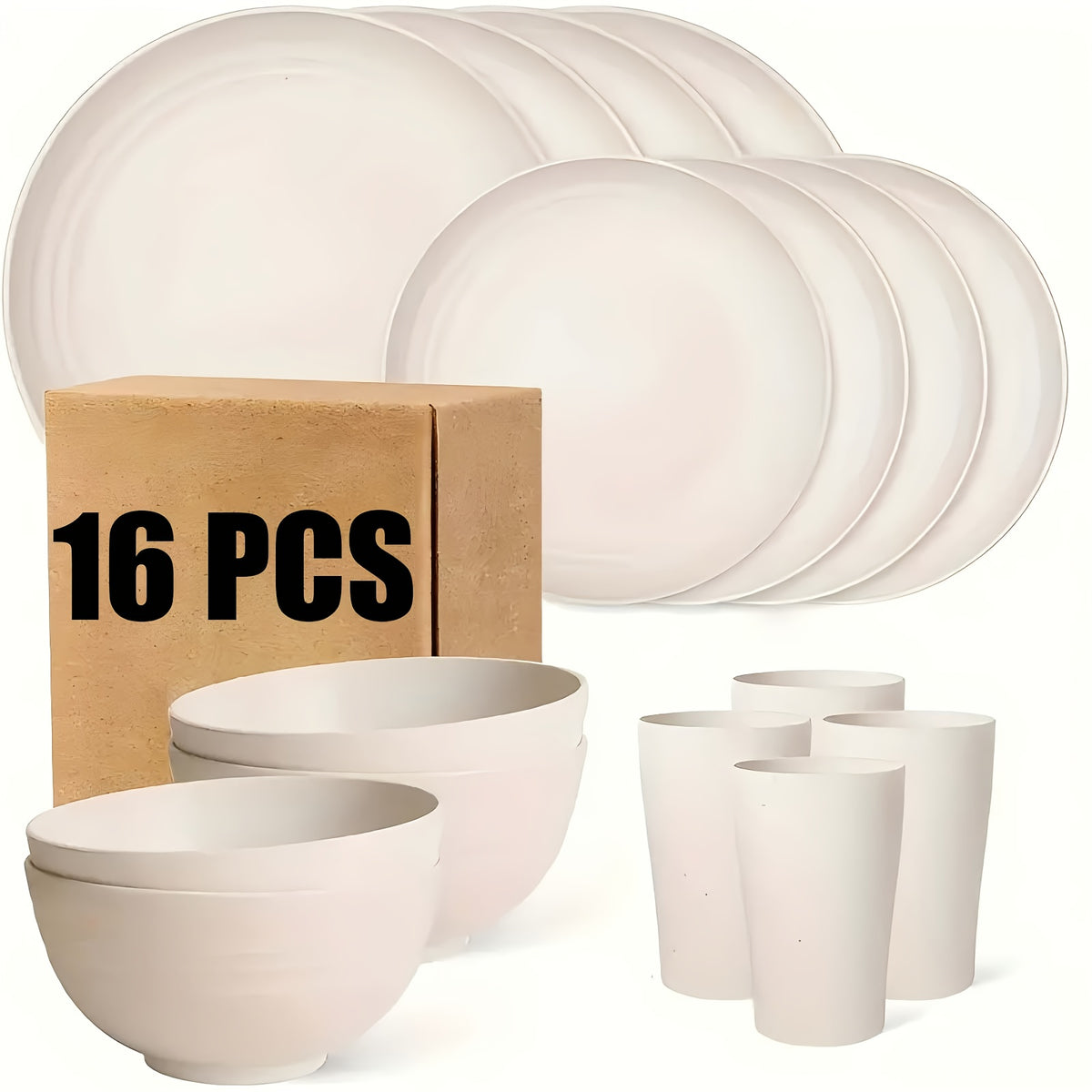 Wheat Straw Dish Set for 4 or 8 – 16 or 32 Piece Unbreakable Dinnerware Set with Dinner Plate, Dessert Plate, Cereal Bowl & Cup, Dishwasher Safe Lightweight Tableware for Camping, Everyday Use & Gifts