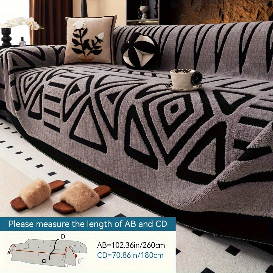Sofa Cover Couch Protector Bohemian Retro Woven Velvet Throw Blanket – Pet Friendly Slip Resistant Machine Washable Soft Plush Slipcover for Armchair Loveseat 3 4 Seater Sectional Sofa White Grey Dark Gray