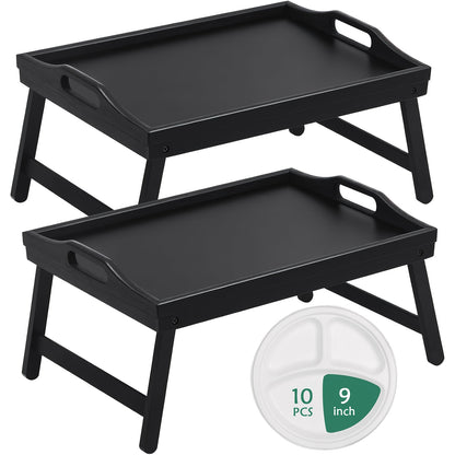 Foldable Bed Tray Table with Handles – Bamboo Breakfast Tray for Eating, Working & Snacking in Bed or Sofa, Sturdy Folding Legs, White Black Natural Bamboo, 1 or 2 Pack