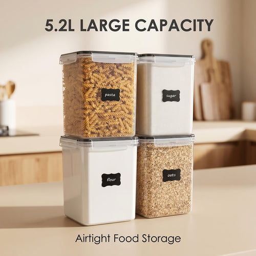 Food Storage Containers Set of 4 - Large 5.2L Airtight BPA-Free Plastic Canisters for Flour Sugar Rice Baking Supplies, Stackable Pantry Organizer with Lids Measuring Cups & Labels