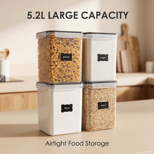 Food Storage Containers Set of 4 - Large 5.2L Airtight BPA-Free Plastic Canisters for Flour Sugar Rice Baking Supplies, Stackable Pantry Organizer with Lids Measuring Cups & Labels