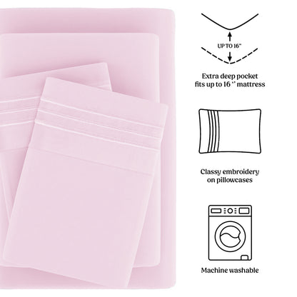 Soft Microfiber Bed Sheet Set 4-Piece 1800 Series 16 Inch Deep Pocket Hotel Luxury Cooling Sheets with Embroidered Pillowcases, Fade & Shrink Resistant, Twin to Cal King, 20 Colors