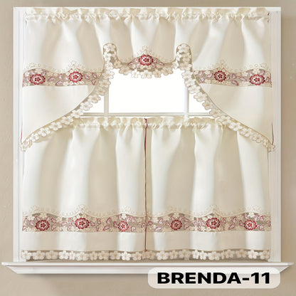 Kitchen Curtains Set 3 Piece with Embroidery – Satin Fabric Valance and Tier Curtains for Kitchen Windows, 49 Colors, Light Filtering, Rod Pocket, Machine Washable