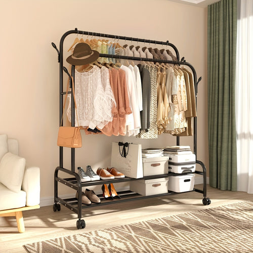 Heavy-Duty Metal Clothing Rack with Double Rods & Wheels – Freestanding Garment Rack with Shelves & Hooks for Bedroom Closet, Golden