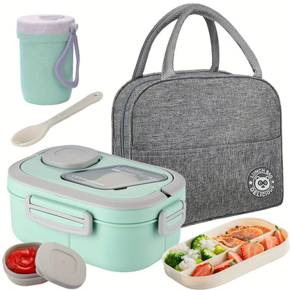 Bento Lunch Box Set with Bag and Cup, 2-Layer Multi-Compartment Meal Prep Container for School Office Picnic, Leakproof Food Storage Box with Insulated Lunch Bag, Pink Blue Green White