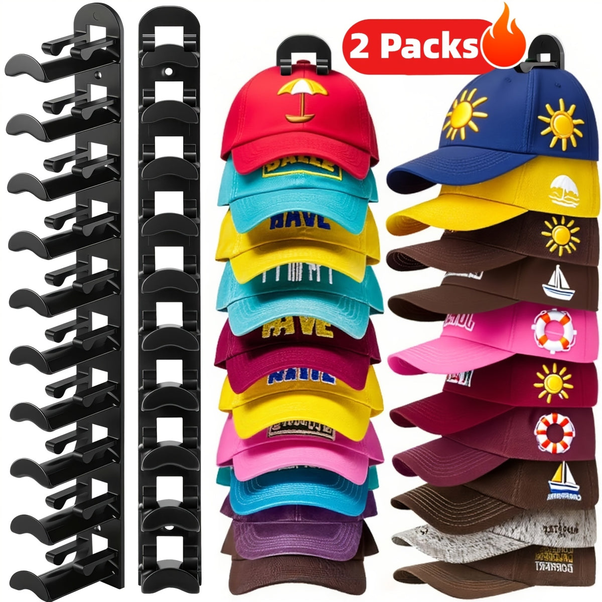 Hat Rack for Baseball Caps Wall Mounted 2 Pack – Multilayer Adhesive or Drill Mount Hat Organizer Holds Up to 20 Hats, Durable Plastic Hat Hooks for Closet Door Bedroom Wall, Black or White Hat Storage