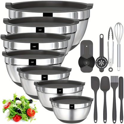 Mixing Bowls Set 20 Piece Stainless Steel with Airtight Lids & Non-Slip Silicone Bottom - 7 Sizes 0.67QT to 7QT for Baking Cooking Serving, Dishwasher Safe, Multicolored Black Gray Khaki