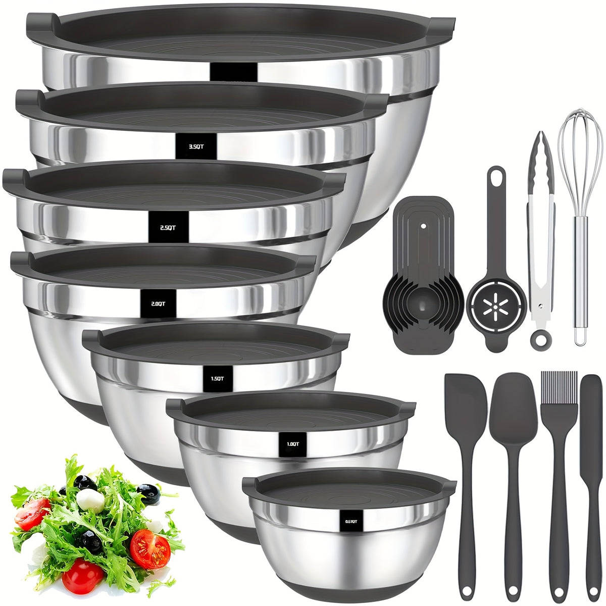 Mixing Bowls Set 20 Piece Stainless Steel with Airtight Lids & Non-Slip Silicone Bottom - 7 Sizes 0.67QT to 7QT for Baking Cooking Serving, Dishwasher Safe, Multicolored Black Gray Khaki