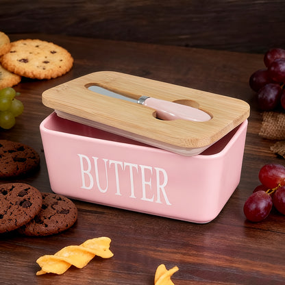Ceramic Butter Dish with Lid and Knife - Large Capacity Countertop Butter Keeper Airtight Seal Easy Clean, 12 Colors Yellow Blue Grey Pink Black Orange, Kitchen Gift