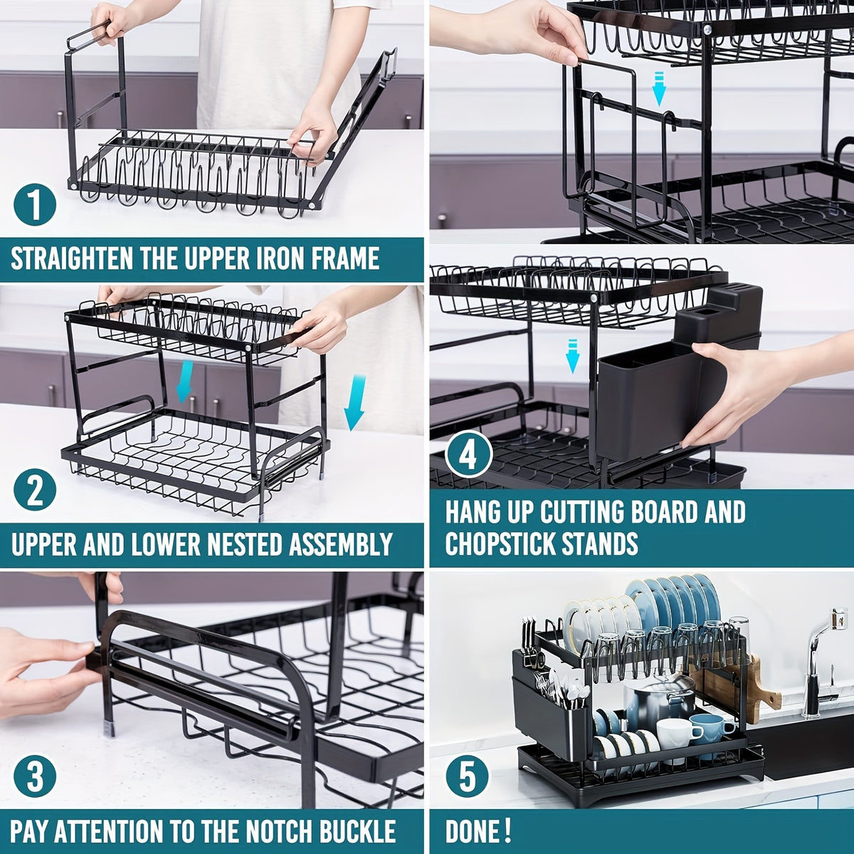 Kitchen Countertop Dish Drainer Rack 2 Tier Stainless Steel - Gold Dish Drying Rack with Knife Block, Cup Holder & Cutlery Caddy - Rust Proof Kitchen Organizer for Plates, Bowls & Utensils - Housewarming Gift