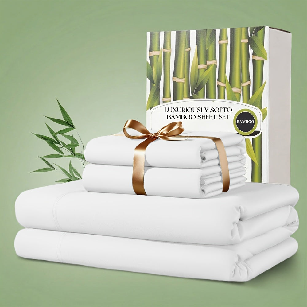 Bamboo Bed Sheet Set 4 Piece 2200TC Cooling Fabric Deep Pocket Fitted Sheet Ultra Soft Breathable for Hot Sleepers Twin Full Queen King Shrink Fade Wrinkle Resistant Hotel Quality Multiple Colors