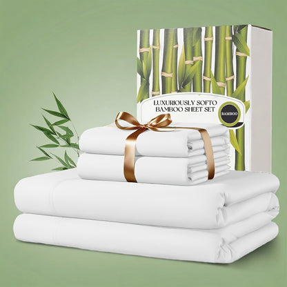 Bamboo Bed Sheet Set 4 Piece 2200TC Cooling Fabric Deep Pocket Fitted Sheet Ultra Soft Breathable for Hot Sleepers Twin Full Queen King Shrink Fade Wrinkle Resistant Hotel Quality Multiple Colors