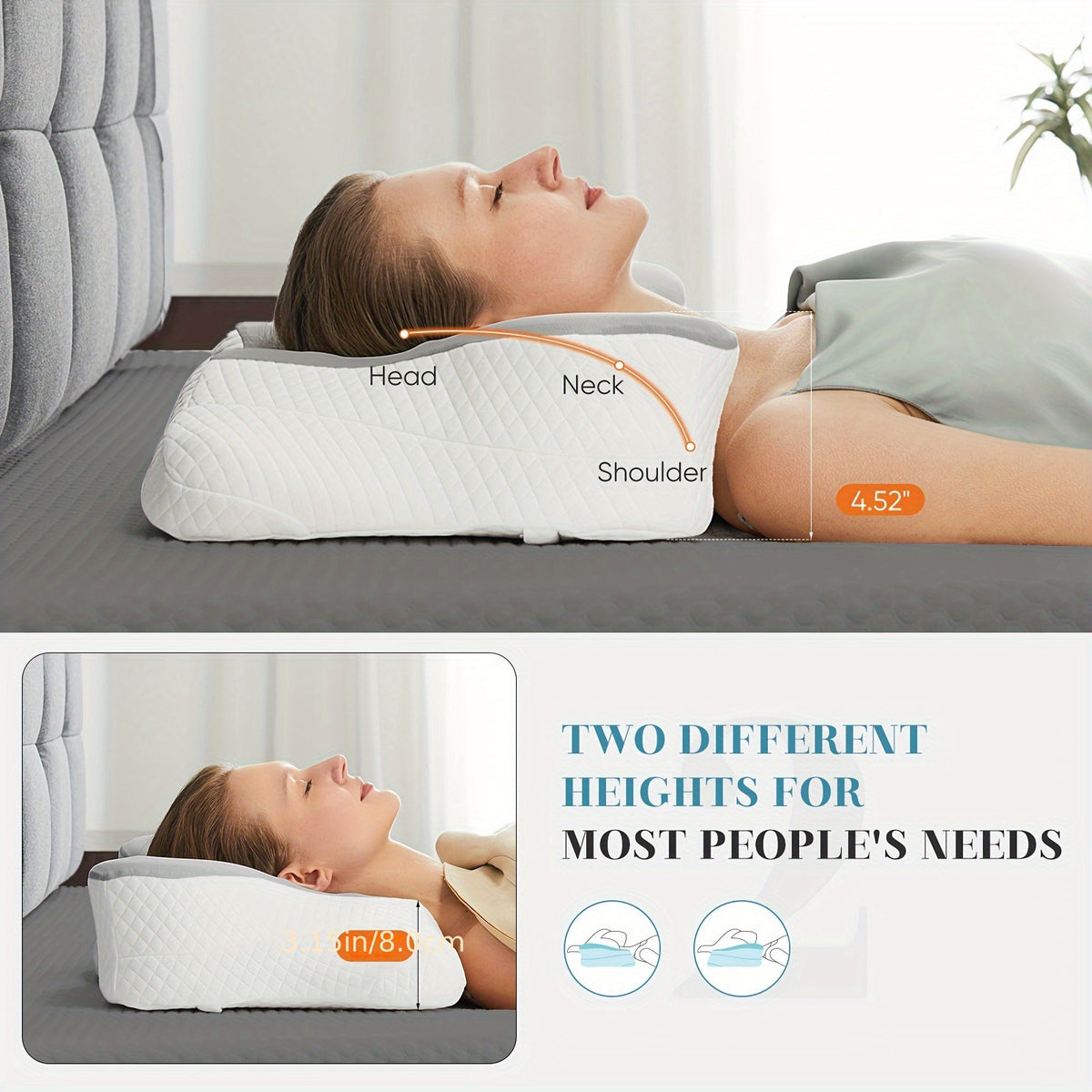 Cervical Neck Pillow Memory Foam Ergonomic Contour for Side Back Stomach Sleepers - Orthopedic Neck Support with Cooling Pillowcase, Grey White King Standard 2-Pack
