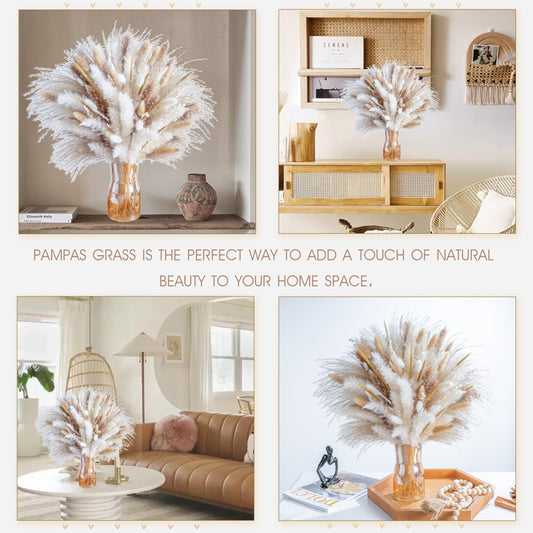 Pampas Grass Decor 120pcs Dried Flowers Bouquet with Bunny Tails Reed Grass for Wedding Centerpiece Boho Home Table Decor, Rustic Farmhouse Vase Arrangement, Aesthetic Room Decor