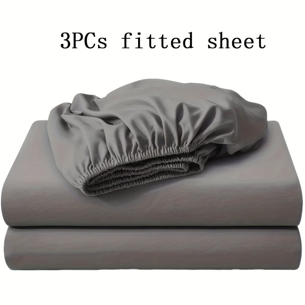 Soft Fitted Bed Sheet Set 3-Piece with 2 Pillowcases – Solid Color Layered Fitted Sheet for Bedroom Guest Room Hotel Mattress Protection