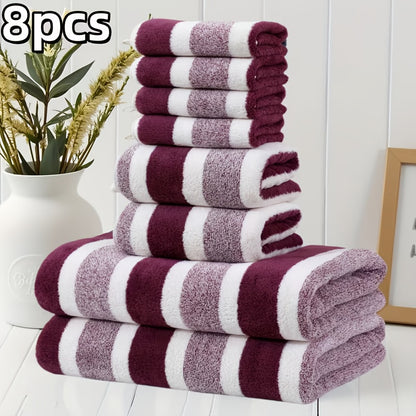 Bath Towel Set 8pcs Hotel Quality – Lint-Free Super Absorbent Soft Striped Towels, 2 Bath Towels + 2 Hand Towels + 4 Washcloths, Five-Star Hotel Standard Bathroom Towel Set, 9 Colors Available
