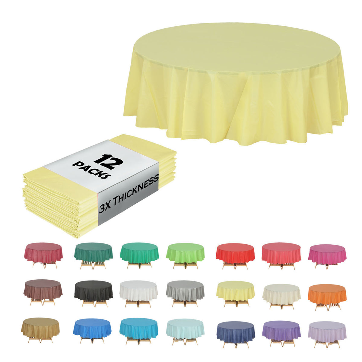 Disposable Plastic Tablecloth 12-Pack – Heavy Duty Table Cover for Parties, 84" Round & 54"x108" Rectangle, 22 Colors for Kitchen Dining Outdoor Events